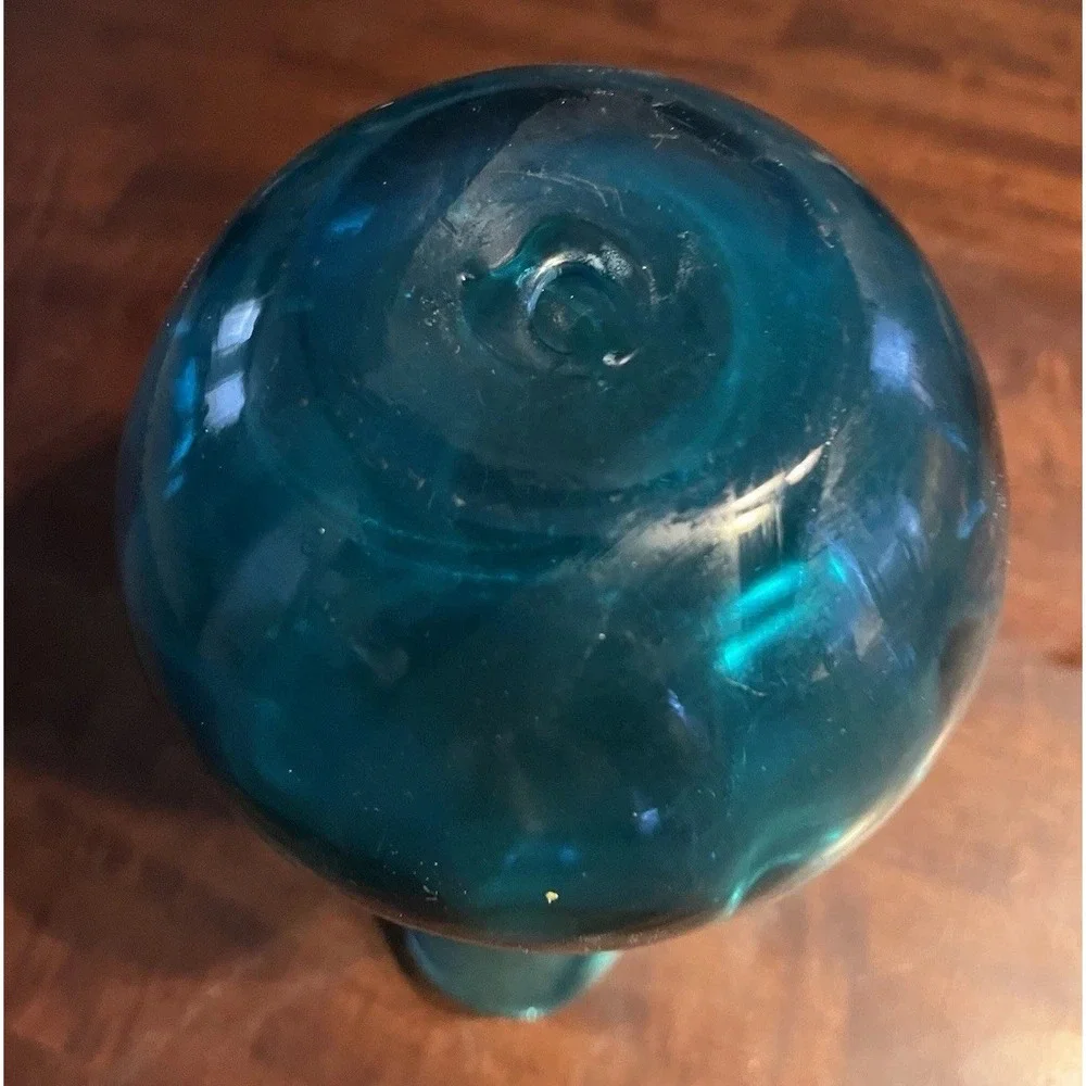 Vintage Hand Blown Teal Aqua Glass Vase - Ruffled Rim - Applied Rigaree - Pontil